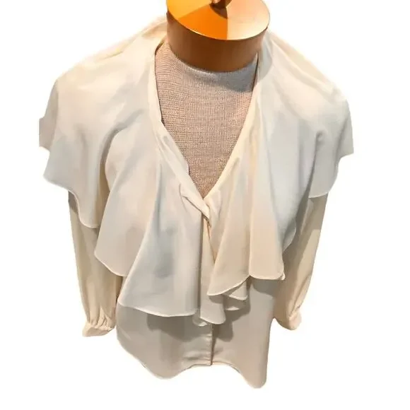 Vintage Size 8/S/M? Petite Sophisticate Womens Ruffled Blouse Ivory Long Sleeve - Picture 4 of 9